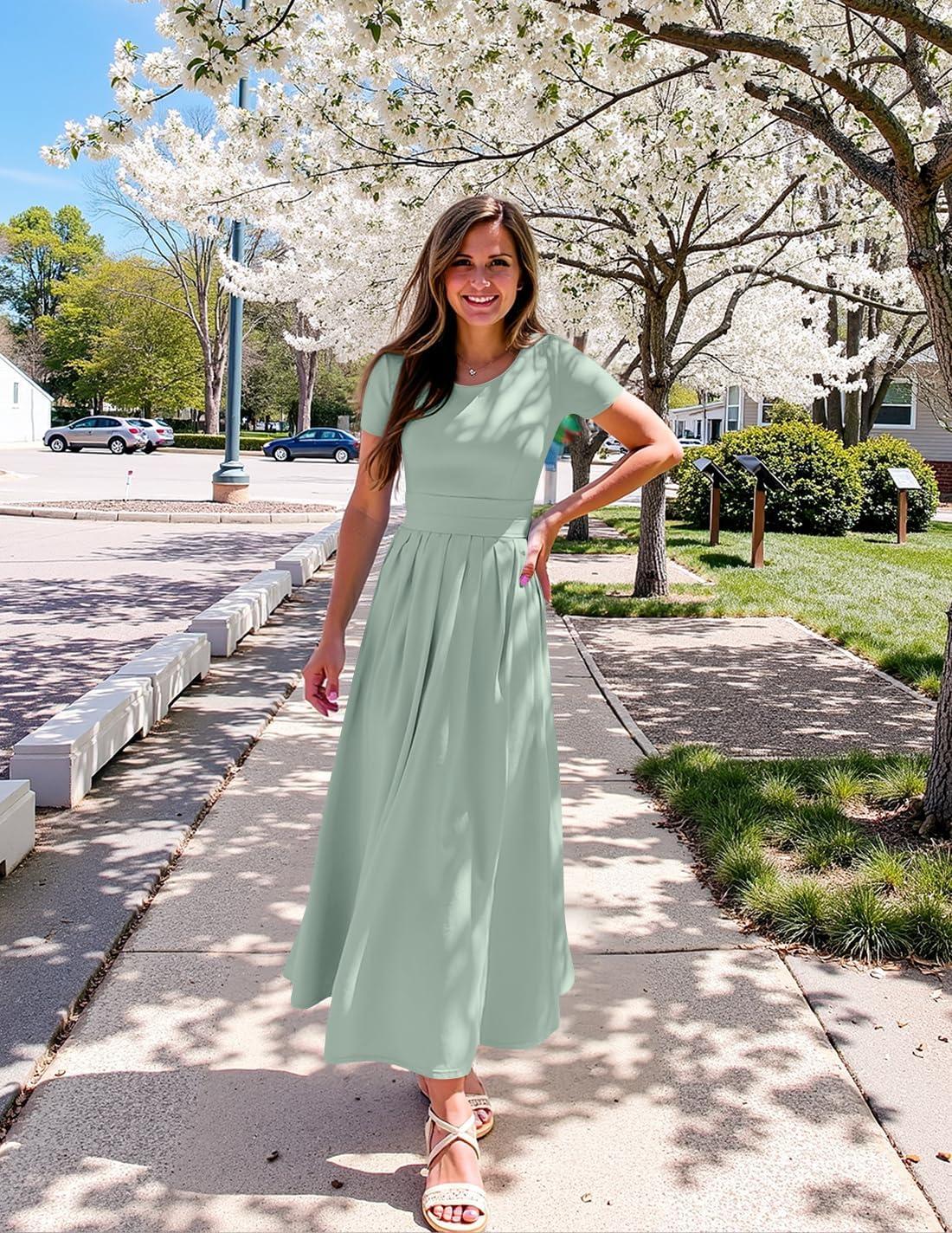 imageZESICA Womens Summer Short Sleeve Maxi Dress 2026 Casual Crewneck Pleated A Line Flowy Long Dresses with PocketsGreen