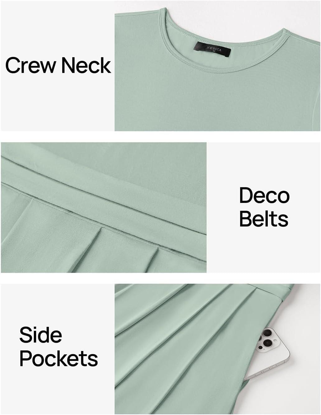 imageZESICA Womens Summer Short Sleeve Maxi Dress 2026 Casual Crewneck Pleated A Line Flowy Long Dresses with PocketsGreen