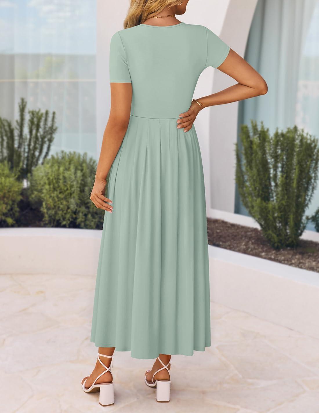 imageZESICA Womens Summer Short Sleeve Maxi Dress 2026 Casual Crewneck Pleated A Line Flowy Long Dresses with PocketsGreen