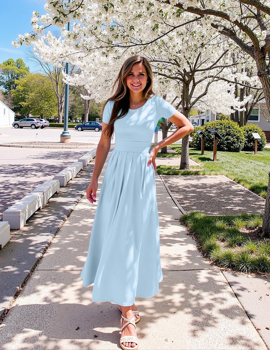imageZESICA Womens Summer Short Sleeve Maxi Dress 2026 Casual Crewneck Pleated A Line Flowy Long Dresses with PocketsLight Blue