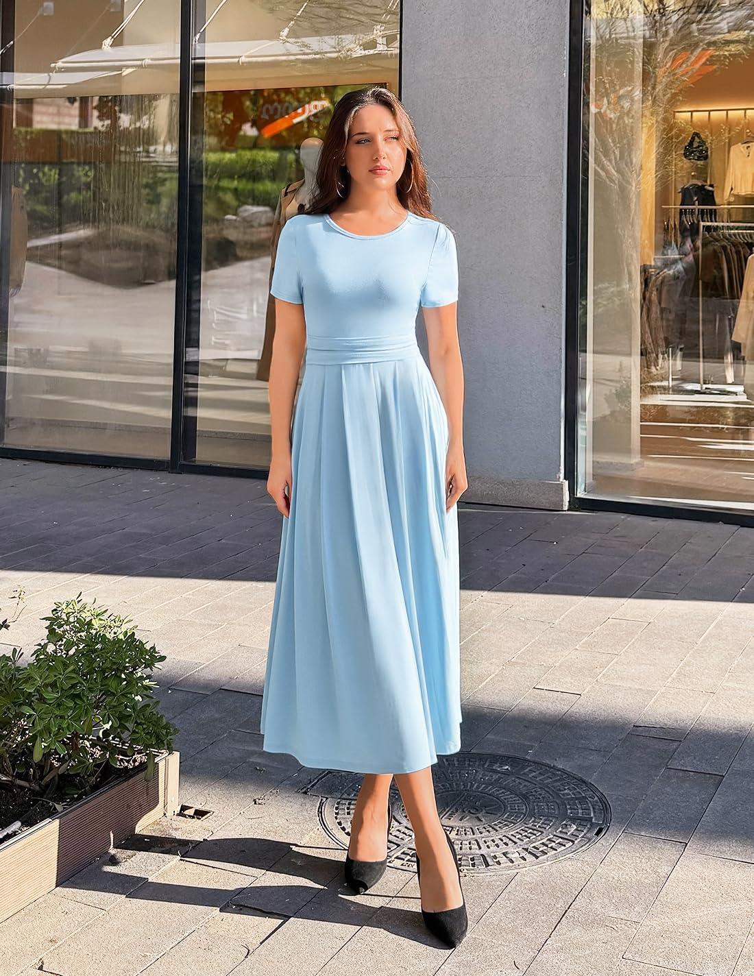 imageZESICA Womens Summer Short Sleeve Maxi Dress 2026 Casual Crewneck Pleated A Line Flowy Long Dresses with PocketsLight Blue