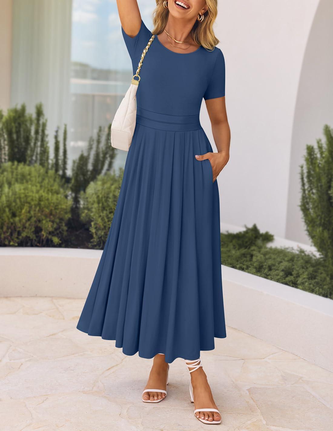 imageZESICA Womens Summer Short Sleeve Maxi Dress 2026 Casual Crewneck Pleated A Line Flowy Long Dresses with PocketsNavy