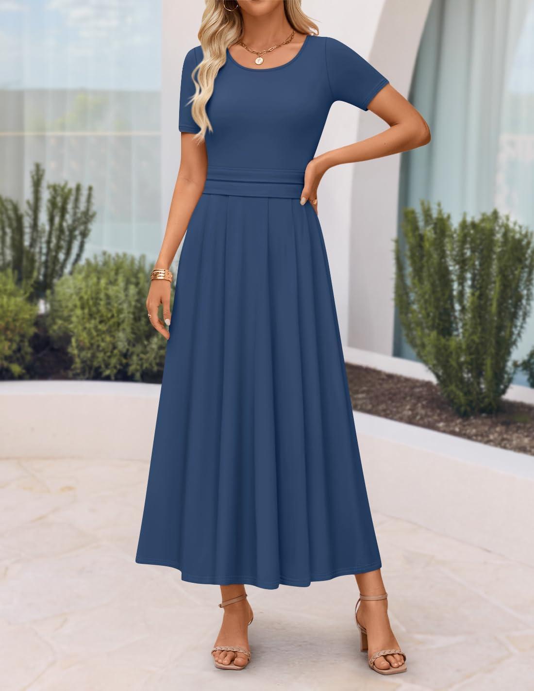 imageZESICA Womens Summer Short Sleeve Maxi Dress 2026 Casual Crewneck Pleated A Line Flowy Long Dresses with PocketsNavy