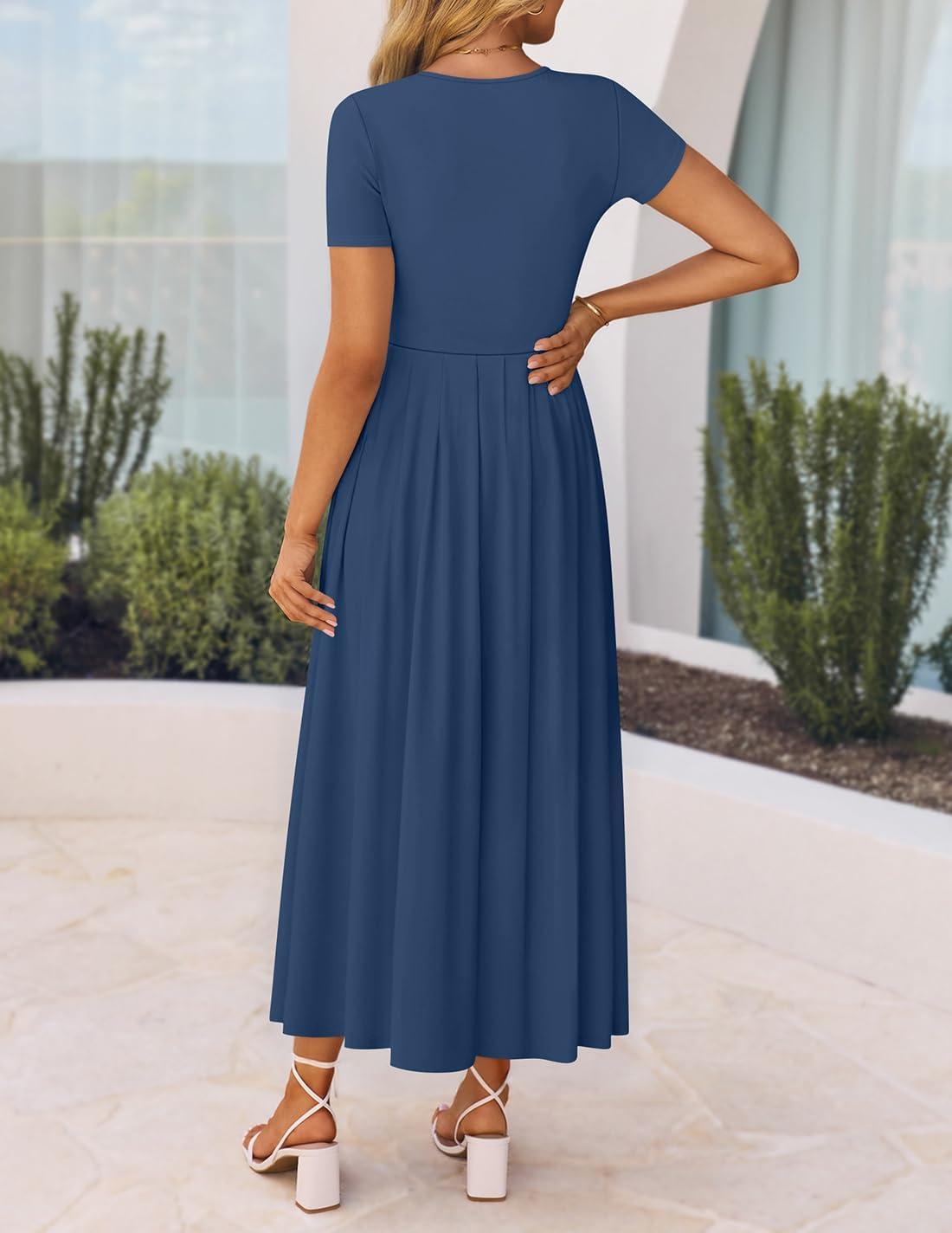 imageZESICA Womens Summer Short Sleeve Maxi Dress 2026 Casual Crewneck Pleated A Line Flowy Long Dresses with PocketsNavy