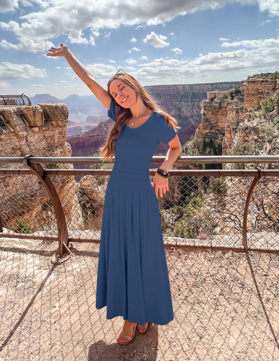 imageZESICA Womens Summer Short Sleeve Maxi Dress 2026 Casual Crewneck Pleated A Line Flowy Long Dresses with PocketsNavy