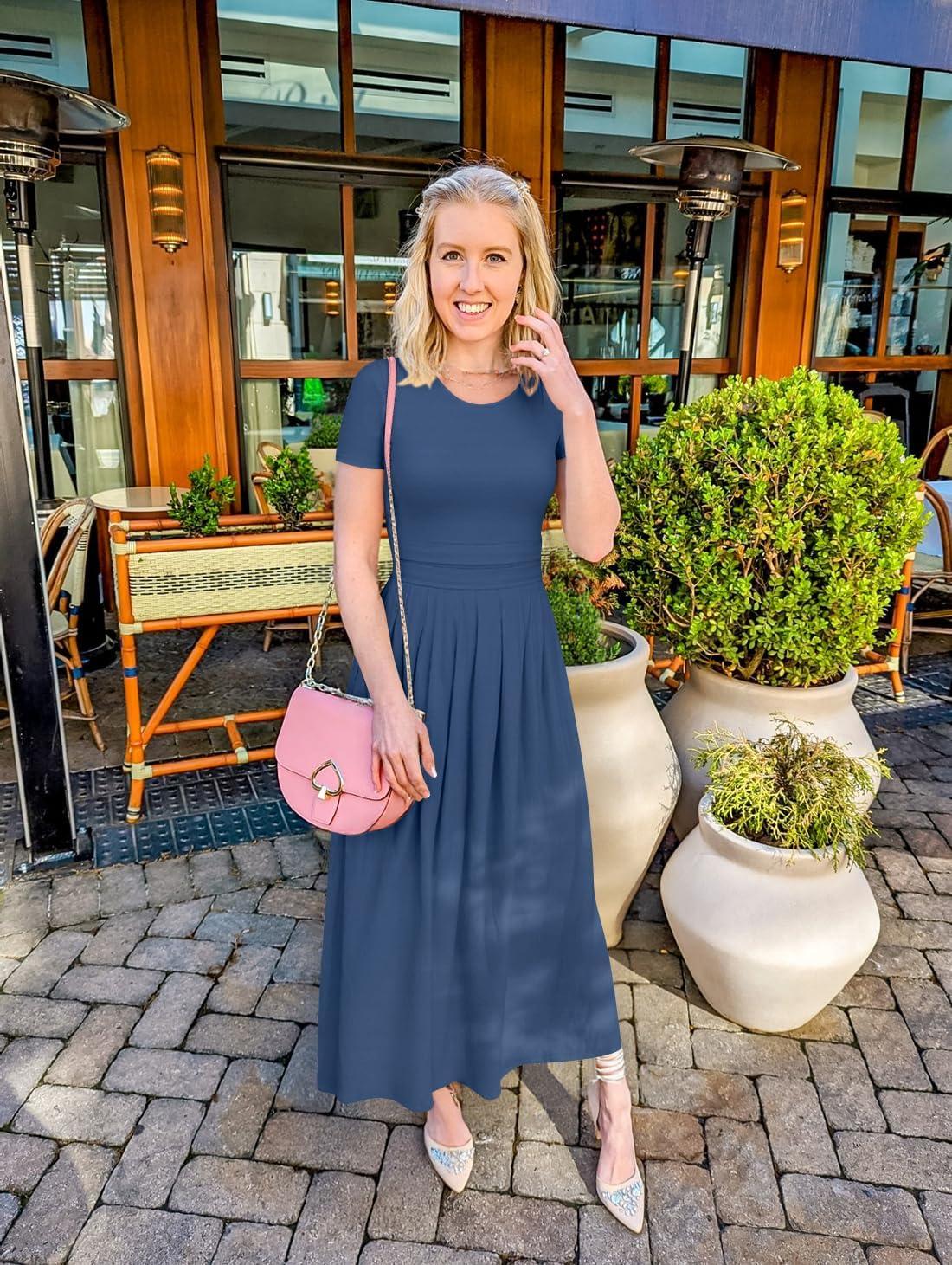 imageZESICA Womens Summer Short Sleeve Maxi Dress 2026 Casual Crewneck Pleated A Line Flowy Long Dresses with PocketsNavy