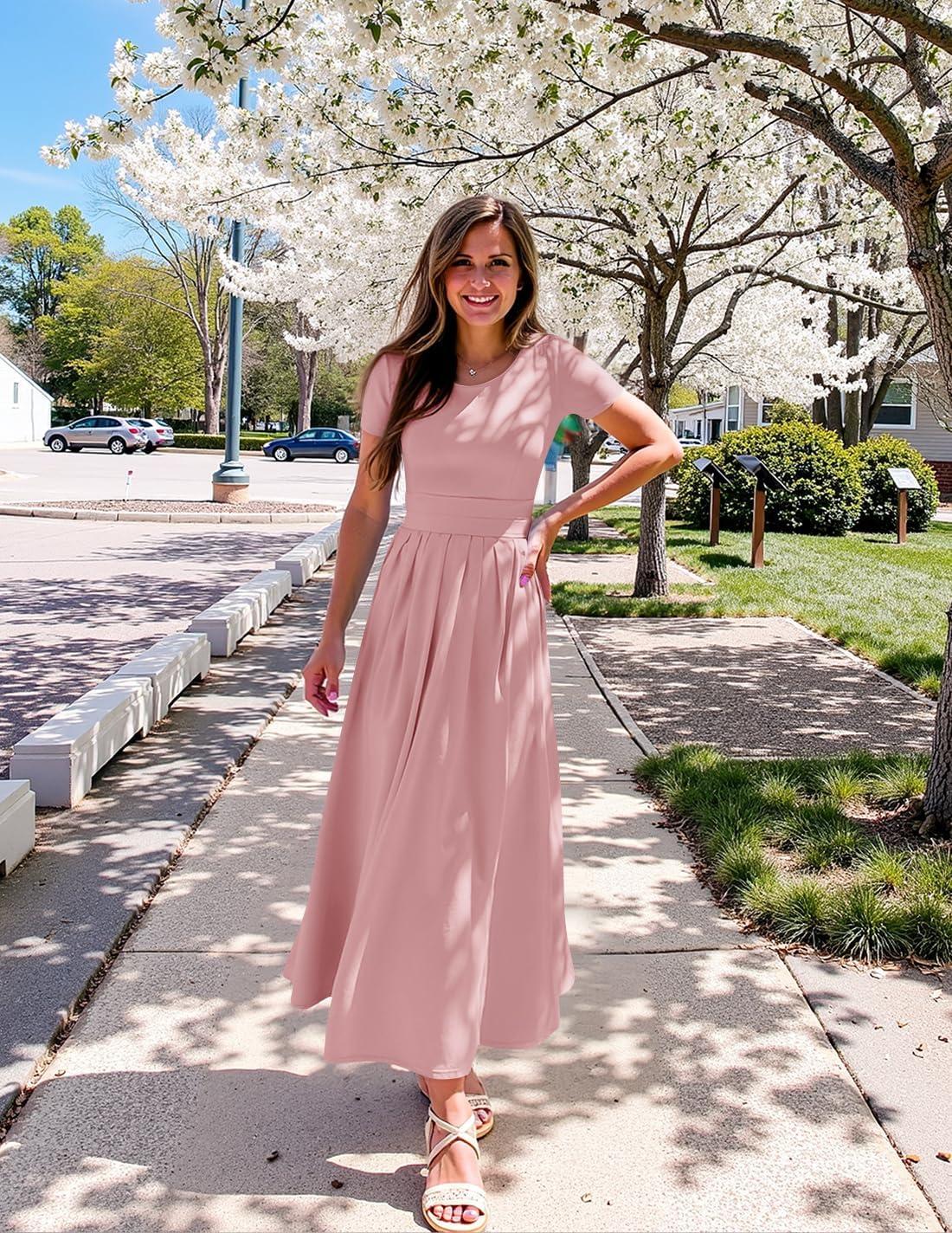 imageZESICA Womens Summer Short Sleeve Maxi Dress 2026 Casual Crewneck Pleated A Line Flowy Long Dresses with PocketsPink