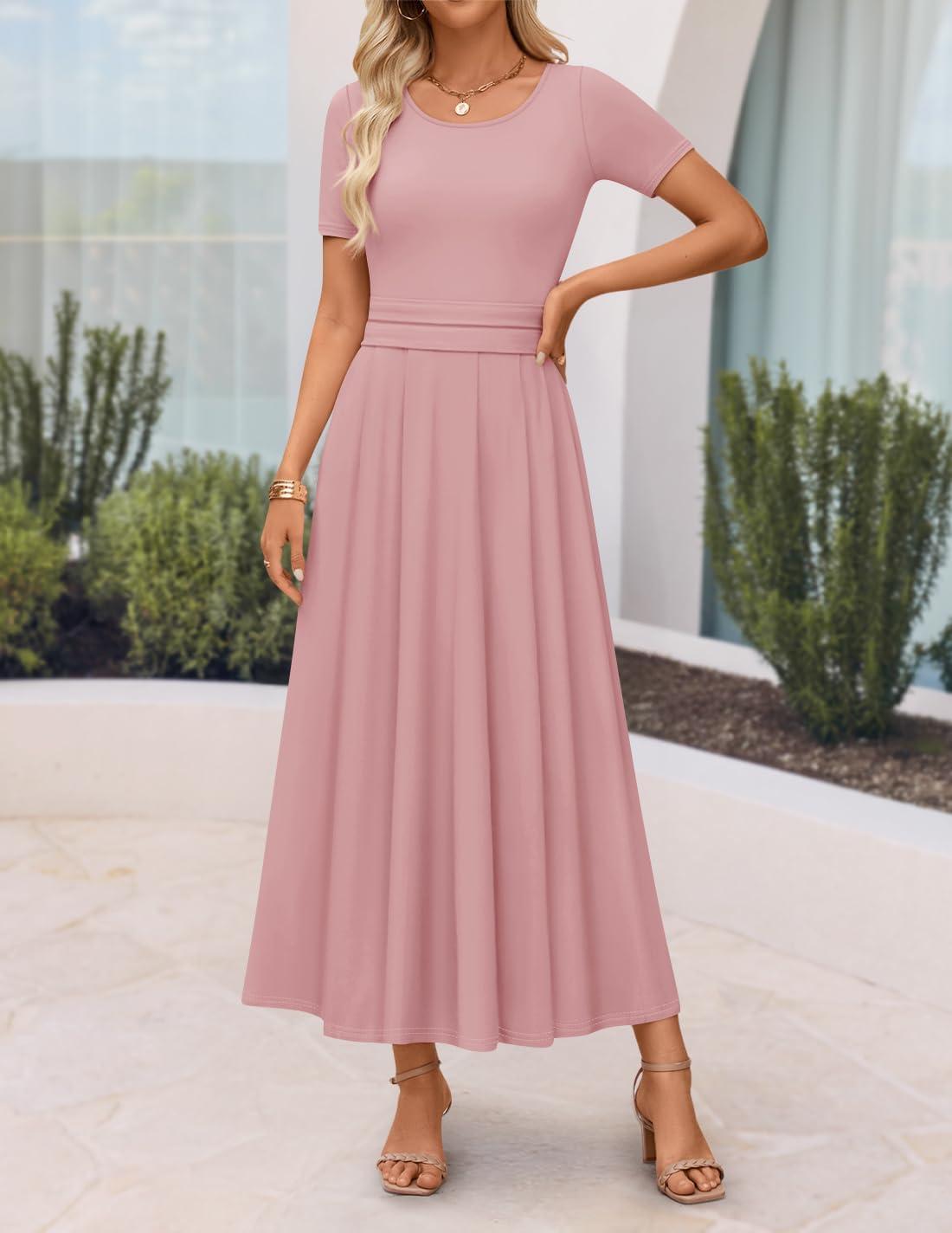 imageZESICA Womens Summer Short Sleeve Maxi Dress 2026 Casual Crewneck Pleated A Line Flowy Long Dresses with PocketsPink