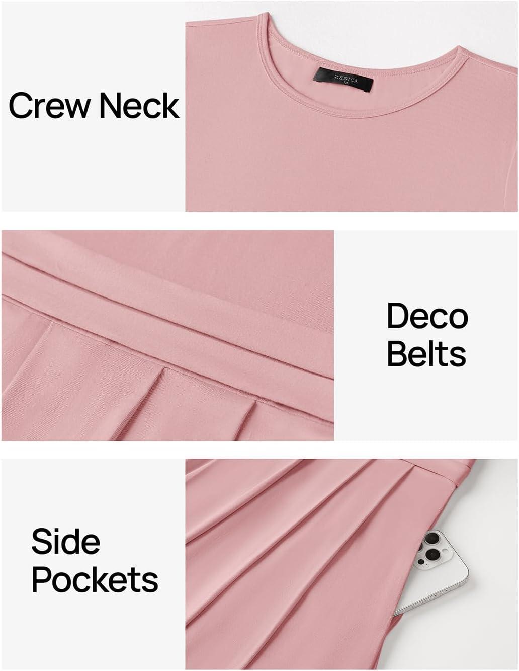 imageZESICA Womens Summer Short Sleeve Maxi Dress 2026 Casual Crewneck Pleated A Line Flowy Long Dresses with PocketsPink