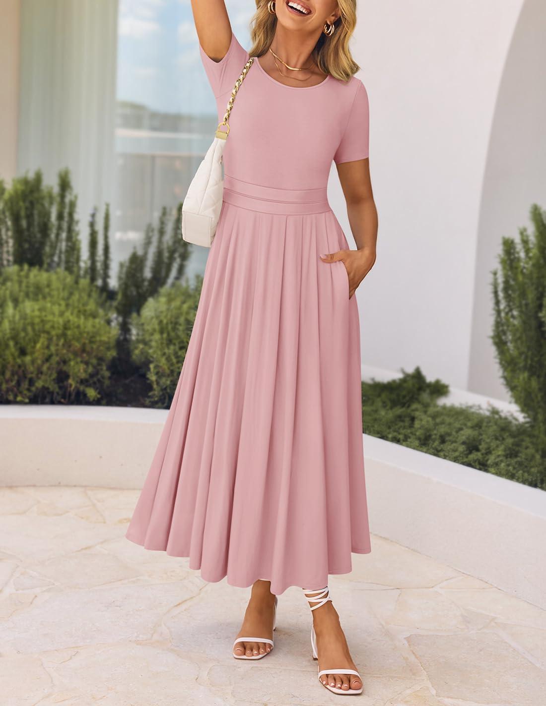 imageZESICA Womens Summer Short Sleeve Maxi Dress 2026 Casual Crewneck Pleated A Line Flowy Long Dresses with PocketsPink