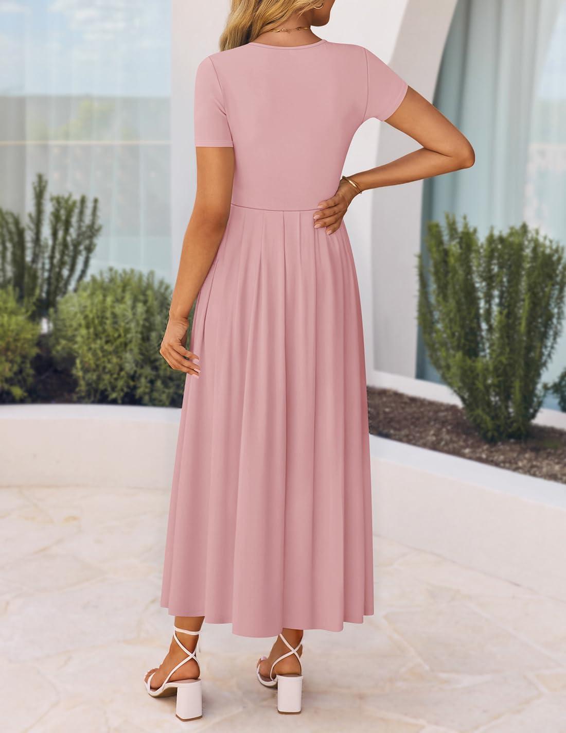 imageZESICA Womens Summer Short Sleeve Maxi Dress 2026 Casual Crewneck Pleated A Line Flowy Long Dresses with PocketsPink