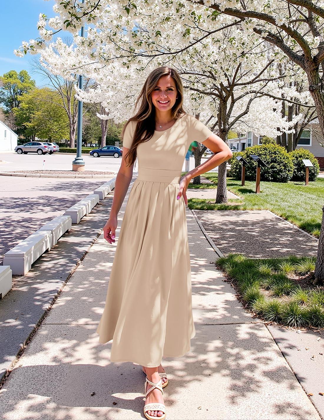 imageZESICA Womens Summer Short Sleeve Maxi Dress 2026 Casual Crewneck Pleated A Line Flowy Long Dresses with PocketsSandy