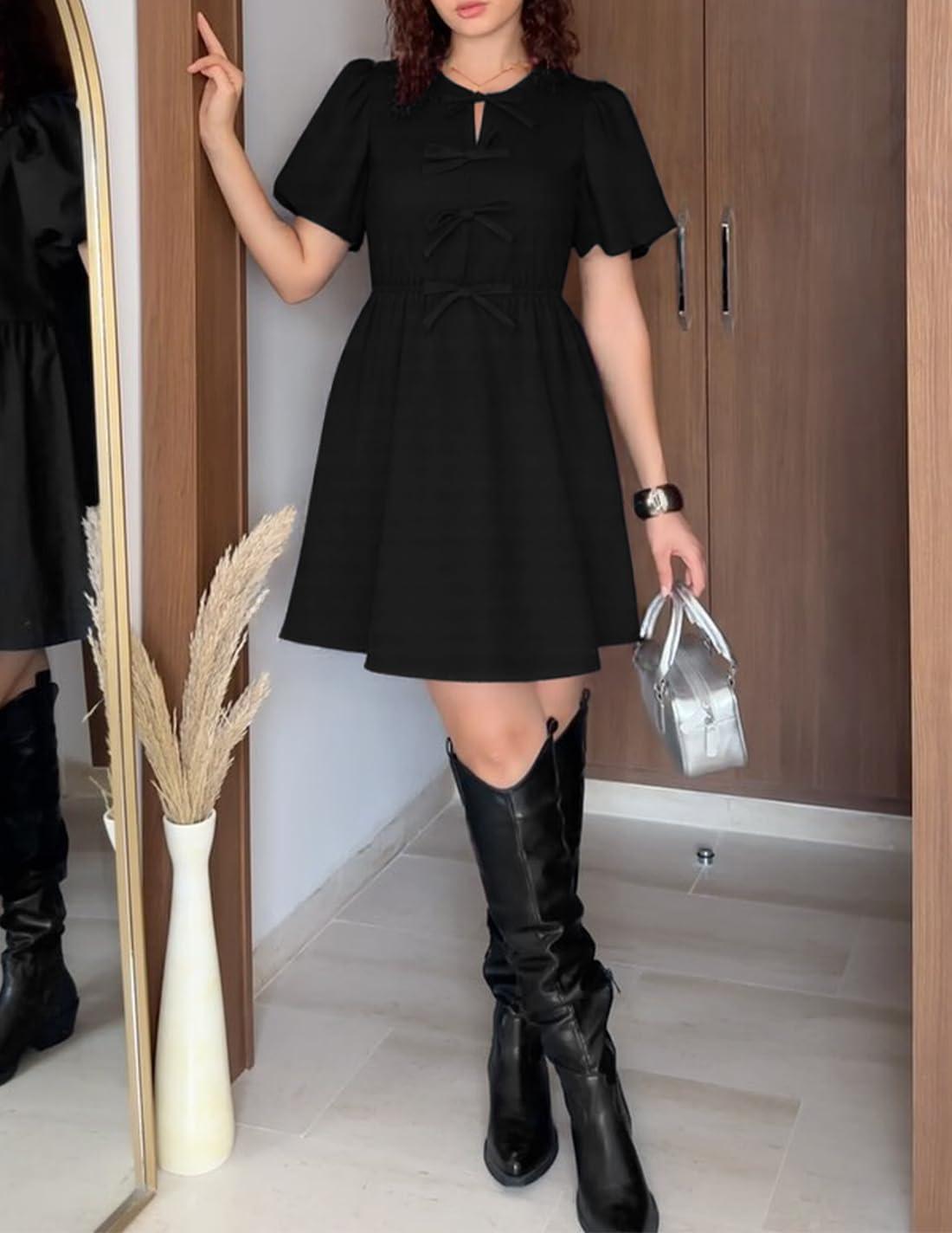imageZESICA Womens Summer Short Sleeve Tie Front Mini Dress Cute Babydoll Ruffle Pleated A Line Tunic DressesBlack