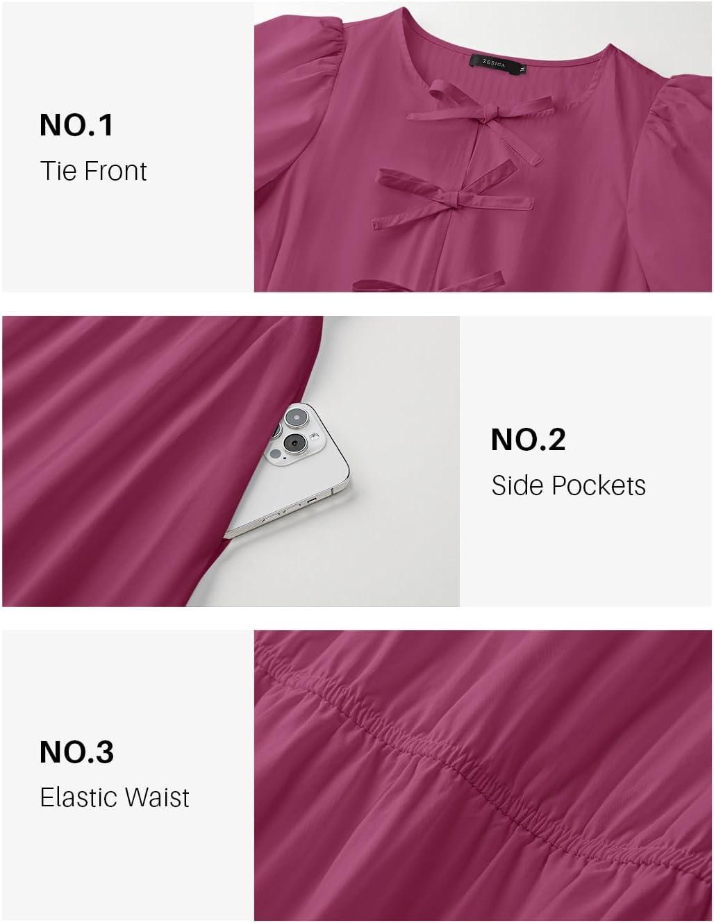imageZESICA Womens Summer Short Sleeve Tie Front Mini Dress Cute Babydoll Ruffle Pleated A Line Tunic DressesEggplant