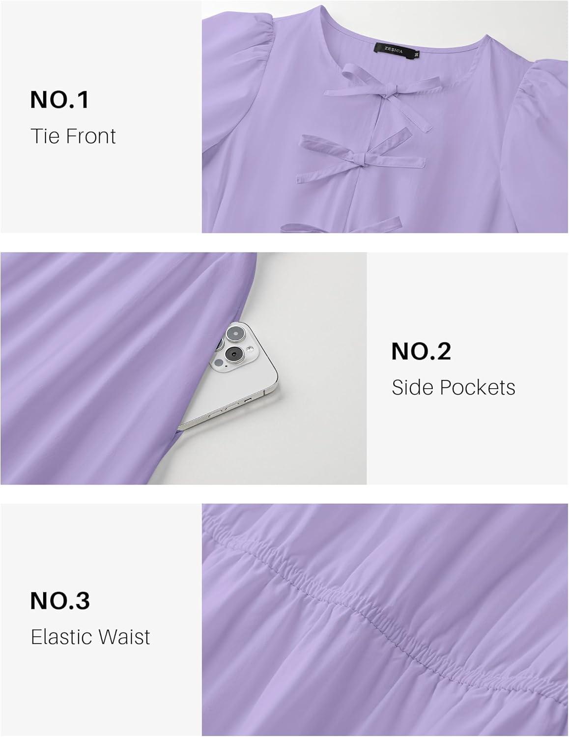imageZESICA Womens Summer Short Sleeve Tie Front Mini Dress Cute Babydoll Ruffle Pleated A Line Tunic DressesLightpurple