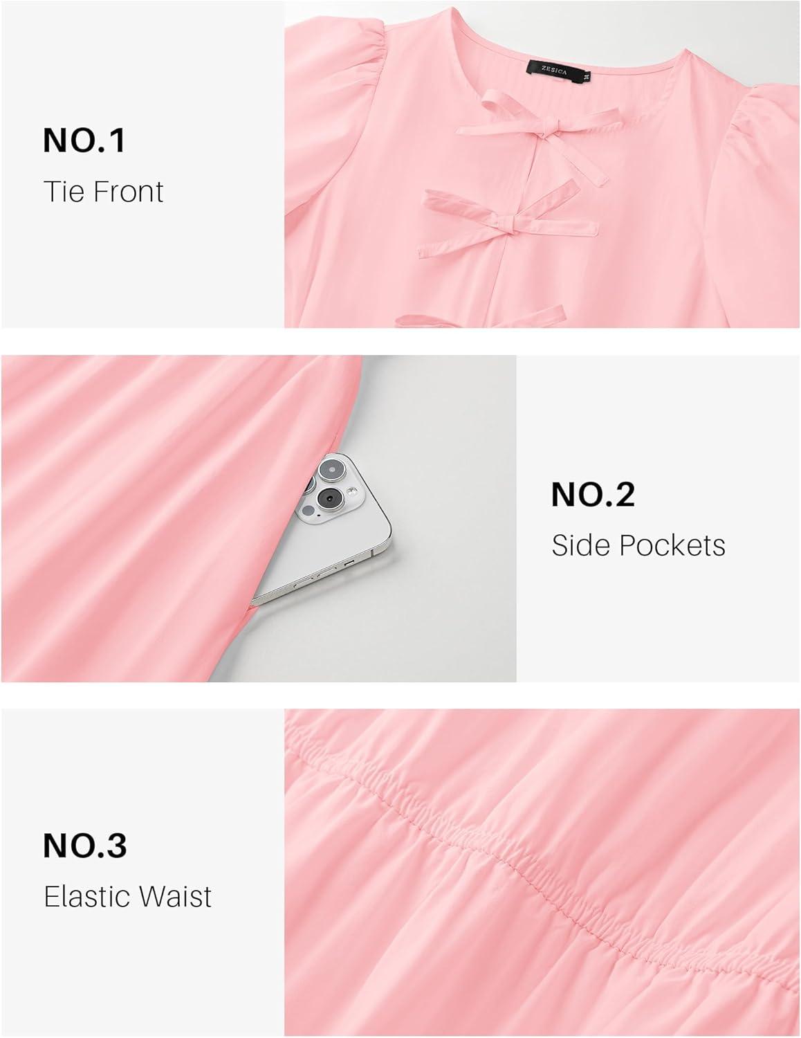 imageZESICA Womens Summer Short Sleeve Tie Front Mini Dress Cute Babydoll Ruffle Pleated A Line Tunic DressesPink