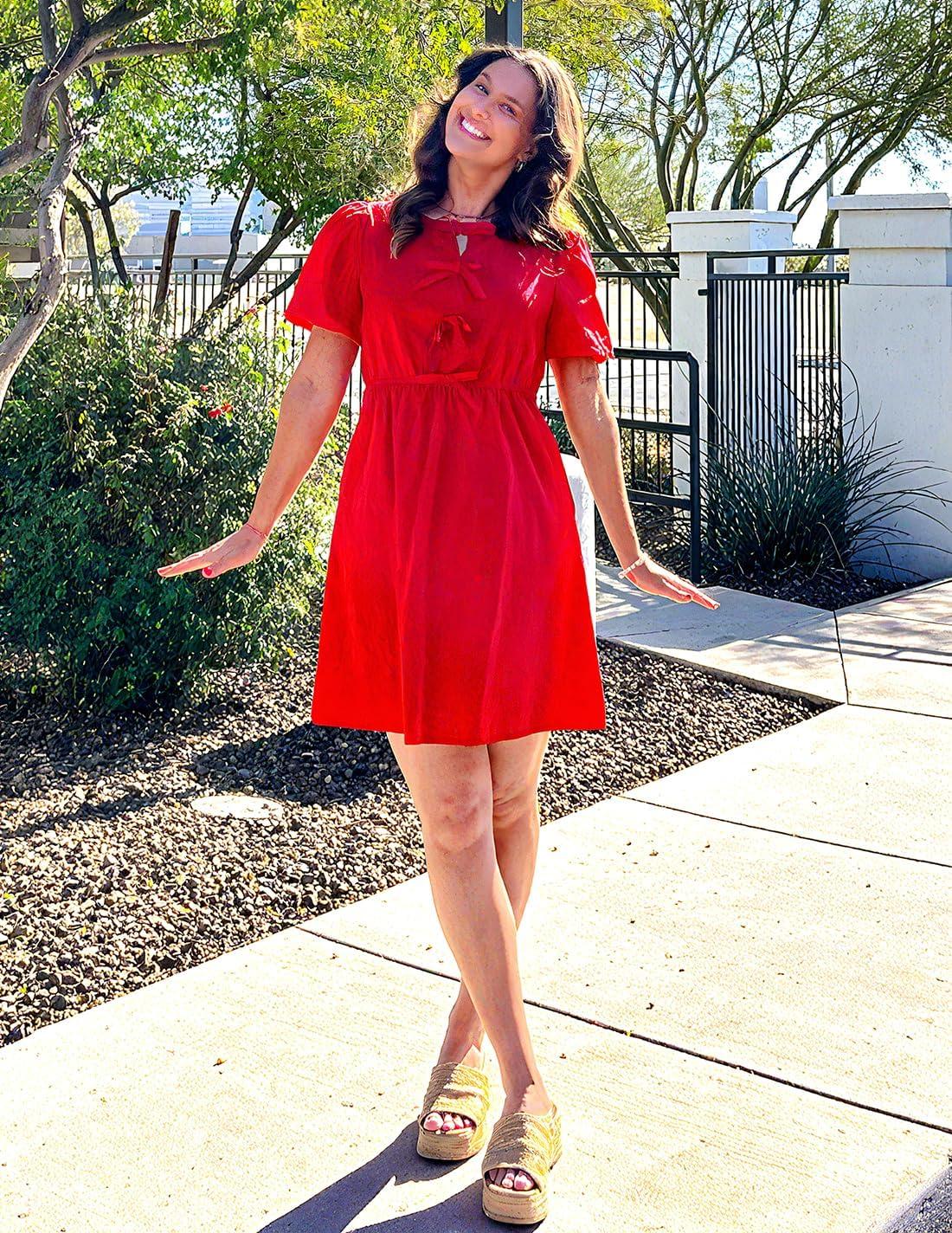 imageZESICA Womens Summer Short Sleeve Tie Front Mini Dress Cute Babydoll Ruffle Pleated A Line Tunic DressesRed