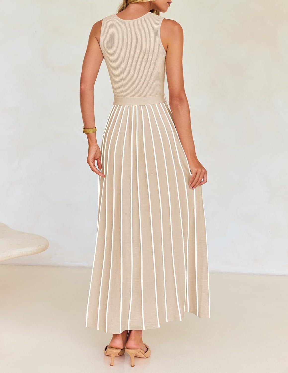 imageZESICA Womens Summer Sleeveless Maxi Dress 2026 Crewneck Ribbed Knit Tie Waist Casual A Line Sweater DressesApricot