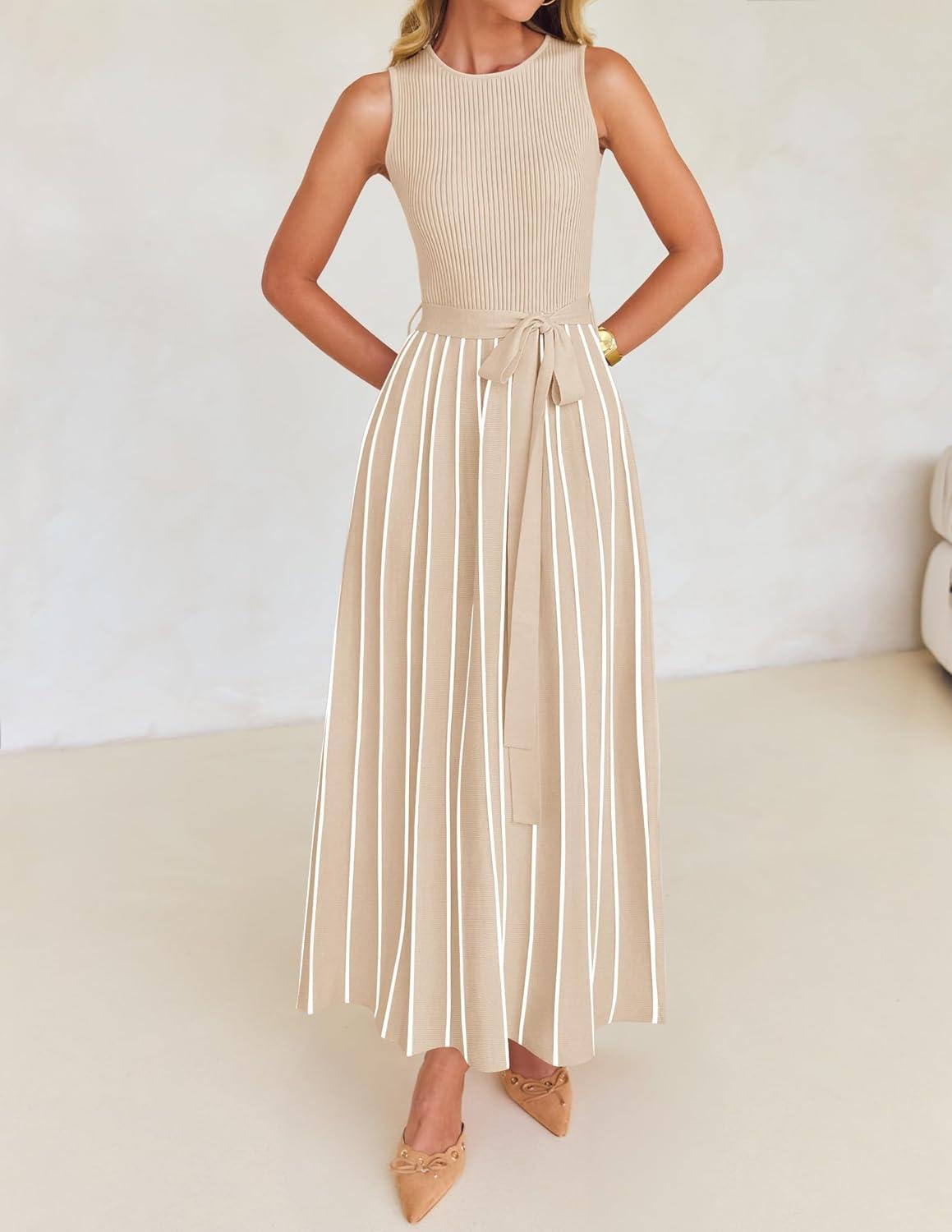 imageZESICA Womens Summer Sleeveless Maxi Dress 2026 Crewneck Ribbed Knit Tie Waist Casual A Line Sweater DressesApricot