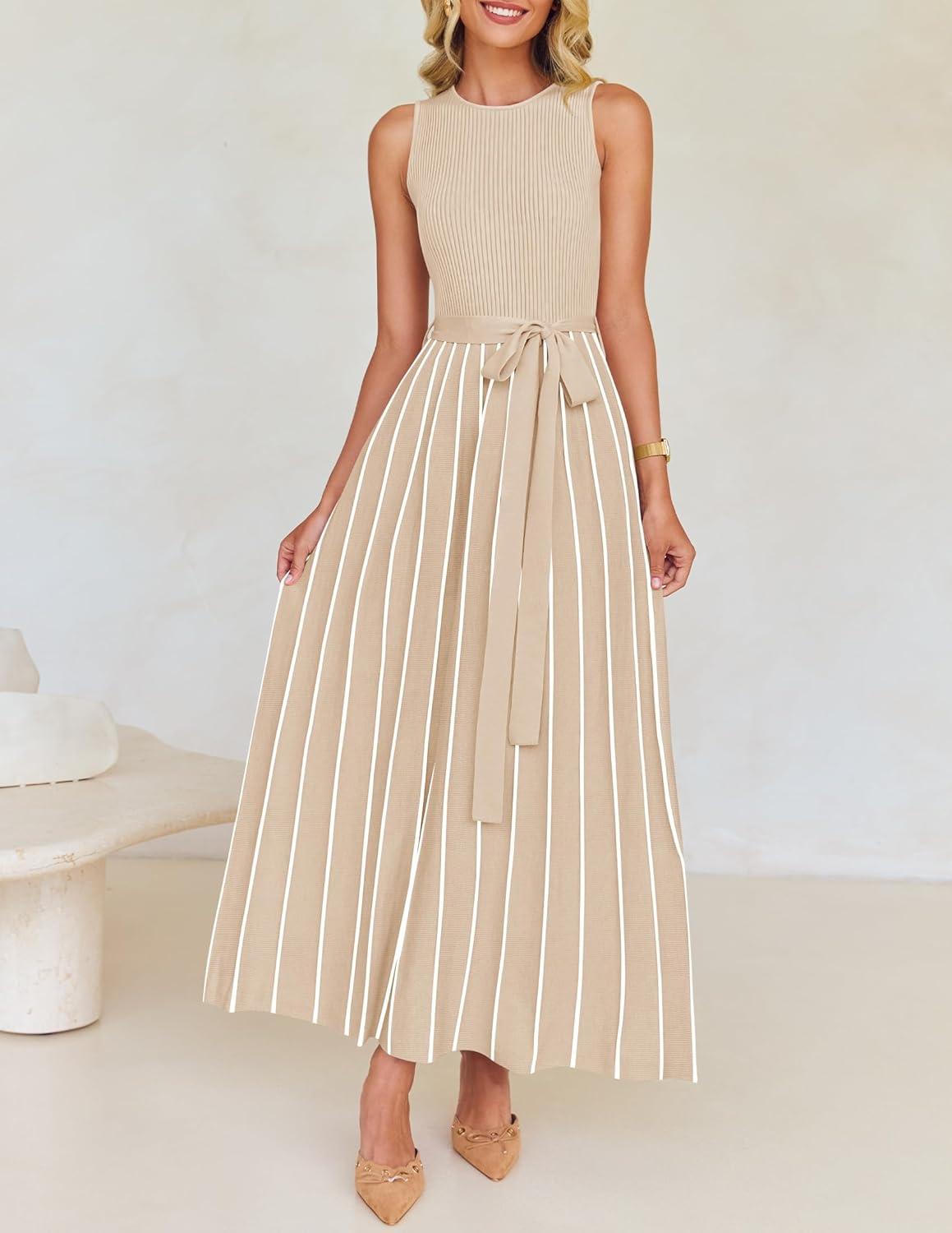 imageZESICA Womens Summer Sleeveless Maxi Dress 2026 Crewneck Ribbed Knit Tie Waist Casual A Line Sweater DressesApricot