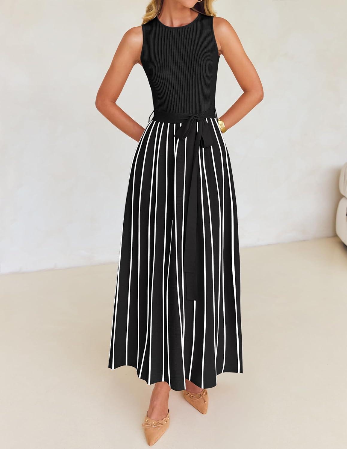 imageZESICA Womens Summer Sleeveless Maxi Dress 2026 Crewneck Ribbed Knit Tie Waist Casual A Line Sweater DressesBlack
