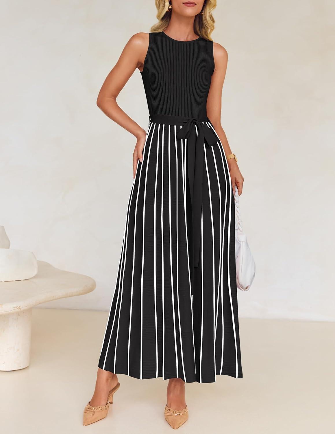 imageZESICA Womens Summer Sleeveless Maxi Dress 2026 Crewneck Ribbed Knit Tie Waist Casual A Line Sweater DressesBlack