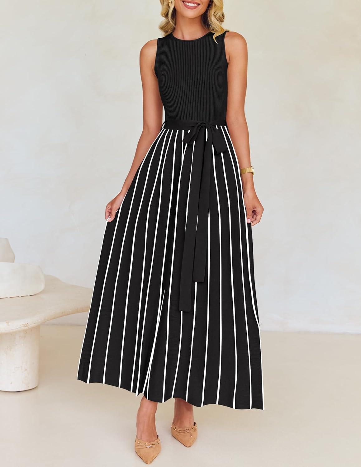 imageZESICA Womens Summer Sleeveless Maxi Dress 2026 Crewneck Ribbed Knit Tie Waist Casual A Line Sweater DressesBlack