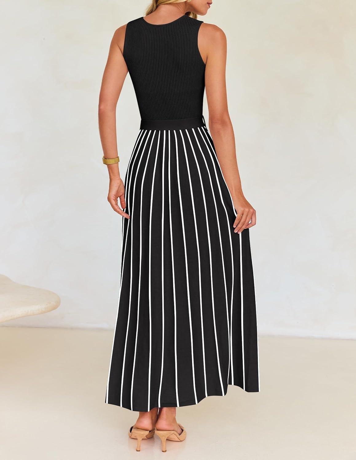 imageZESICA Womens Summer Sleeveless Maxi Dress 2026 Crewneck Ribbed Knit Tie Waist Casual A Line Sweater DressesBlack