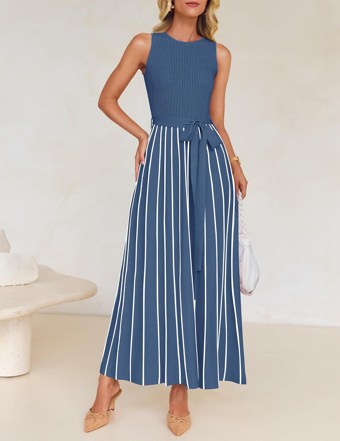 imageZESICA Womens Summer Sleeveless Maxi Dress 2026 Crewneck Ribbed Knit Tie Waist Casual A Line Sweater DressesDustyblue