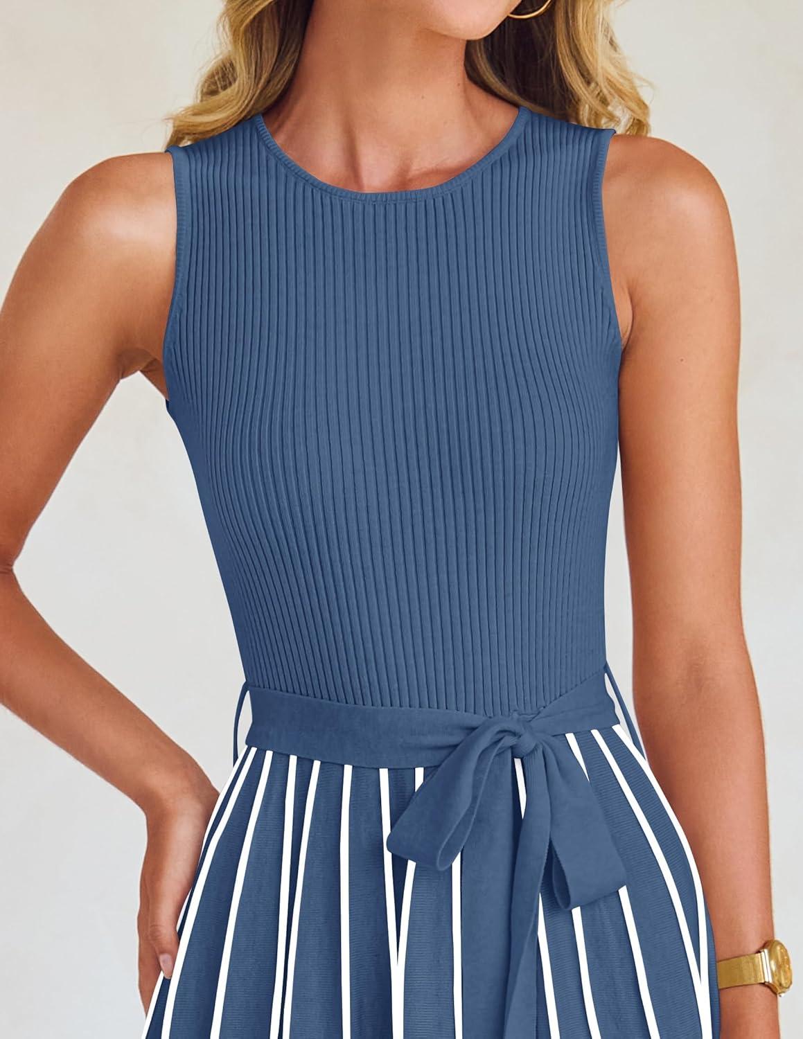 imageZESICA Womens Summer Sleeveless Maxi Dress 2026 Crewneck Ribbed Knit Tie Waist Casual A Line Sweater DressesDustyblue