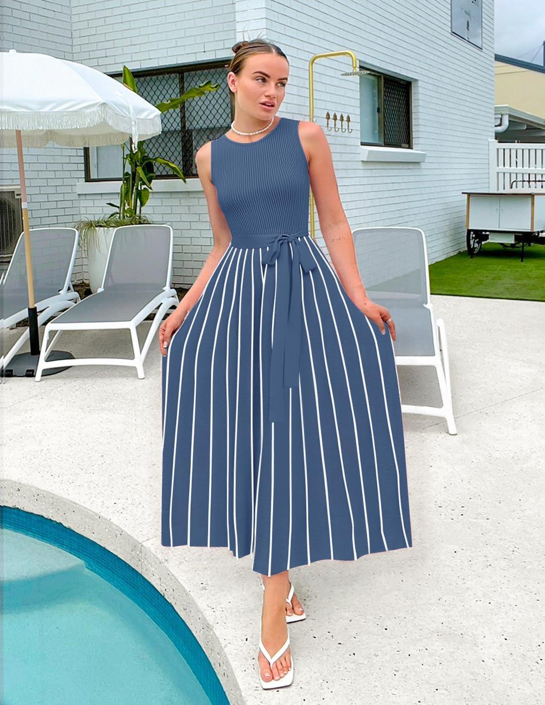 imageZESICA Womens Summer Sleeveless Maxi Dress 2026 Crewneck Ribbed Knit Tie Waist Casual A Line Sweater DressesDustyblue