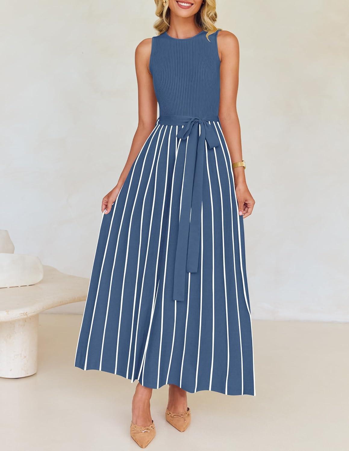imageZESICA Womens Summer Sleeveless Maxi Dress 2026 Crewneck Ribbed Knit Tie Waist Casual A Line Sweater DressesDustyblue