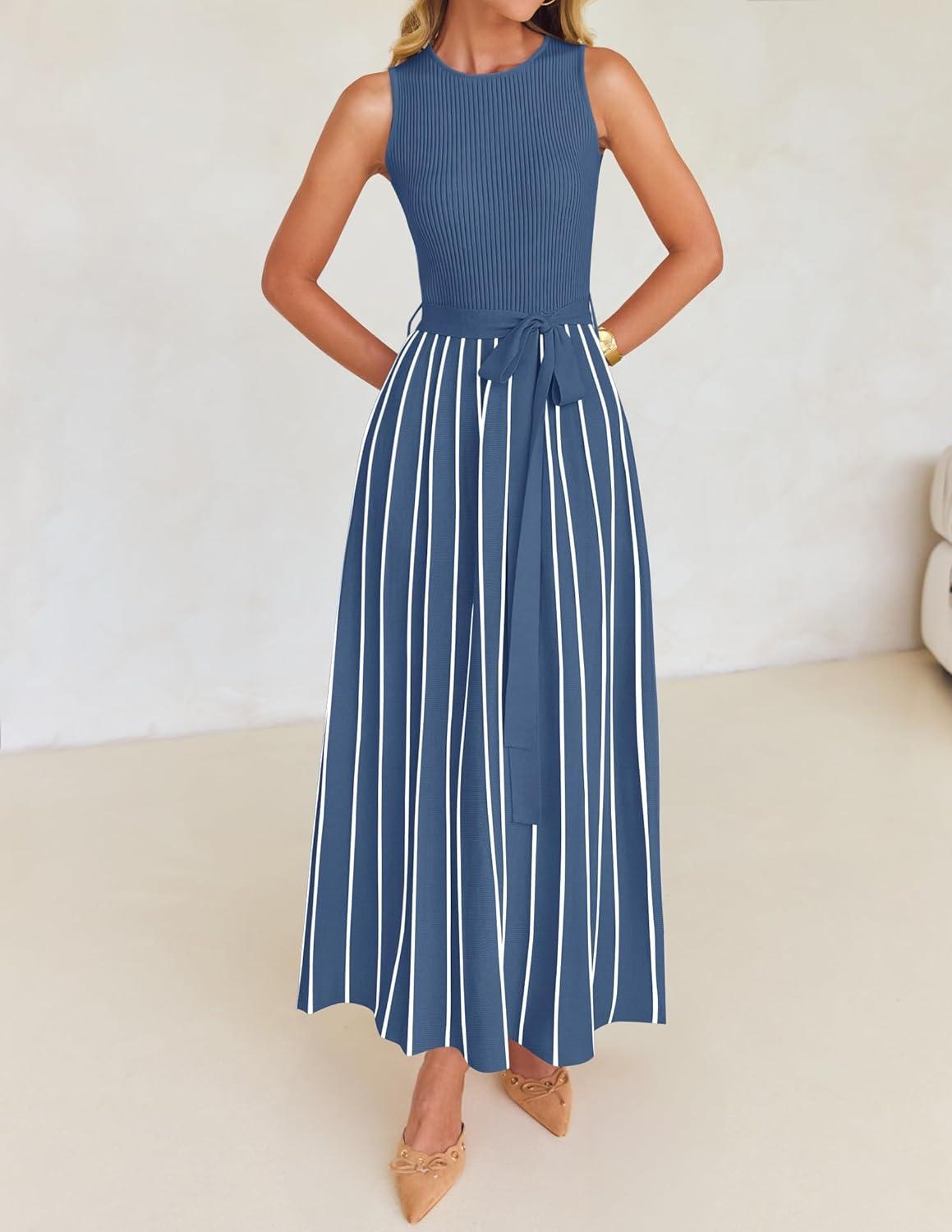 imageZESICA Womens Summer Sleeveless Maxi Dress 2026 Crewneck Ribbed Knit Tie Waist Casual A Line Sweater DressesDustyblue