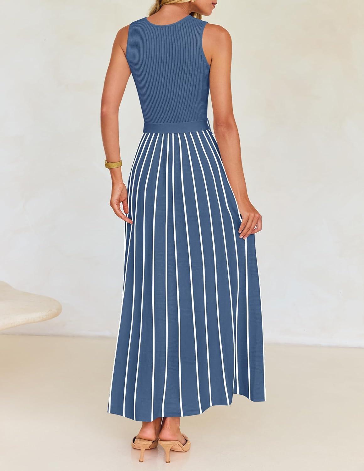 imageZESICA Womens Summer Sleeveless Maxi Dress 2026 Crewneck Ribbed Knit Tie Waist Casual A Line Sweater DressesDustyblue