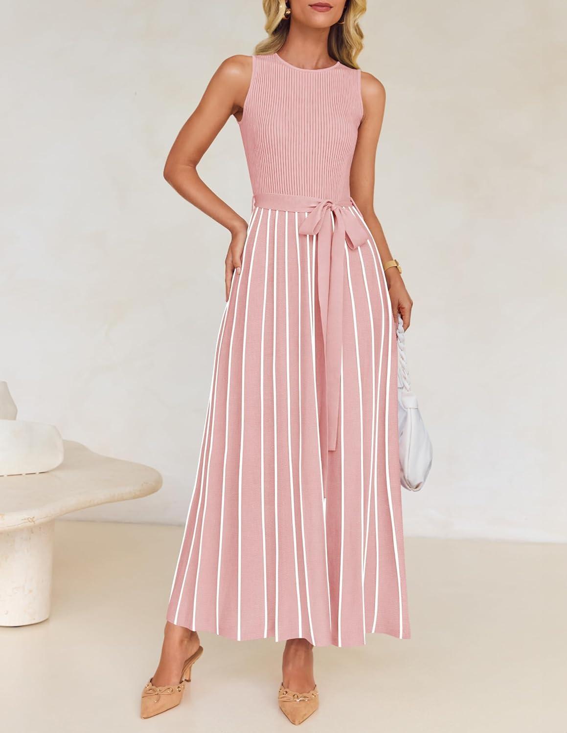 imageZESICA Womens Summer Sleeveless Maxi Dress 2026 Crewneck Ribbed Knit Tie Waist Casual A Line Sweater DressesDustypink