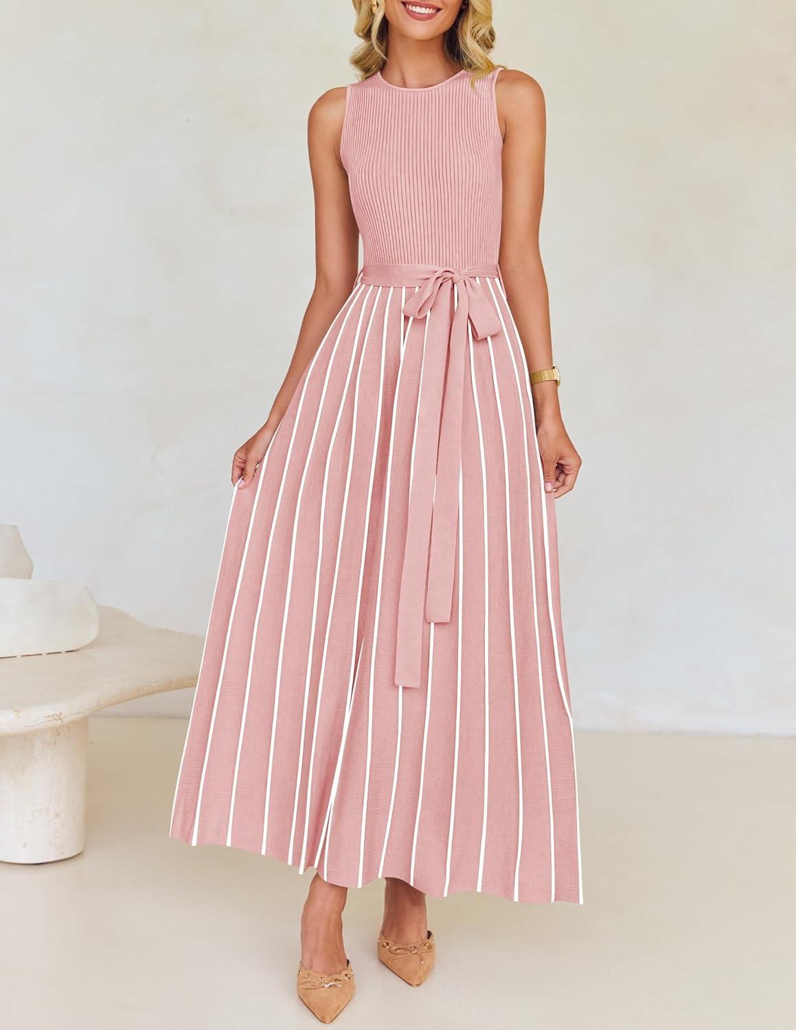imageZESICA Womens Summer Sleeveless Maxi Dress 2026 Crewneck Ribbed Knit Tie Waist Casual A Line Sweater DressesDustypink