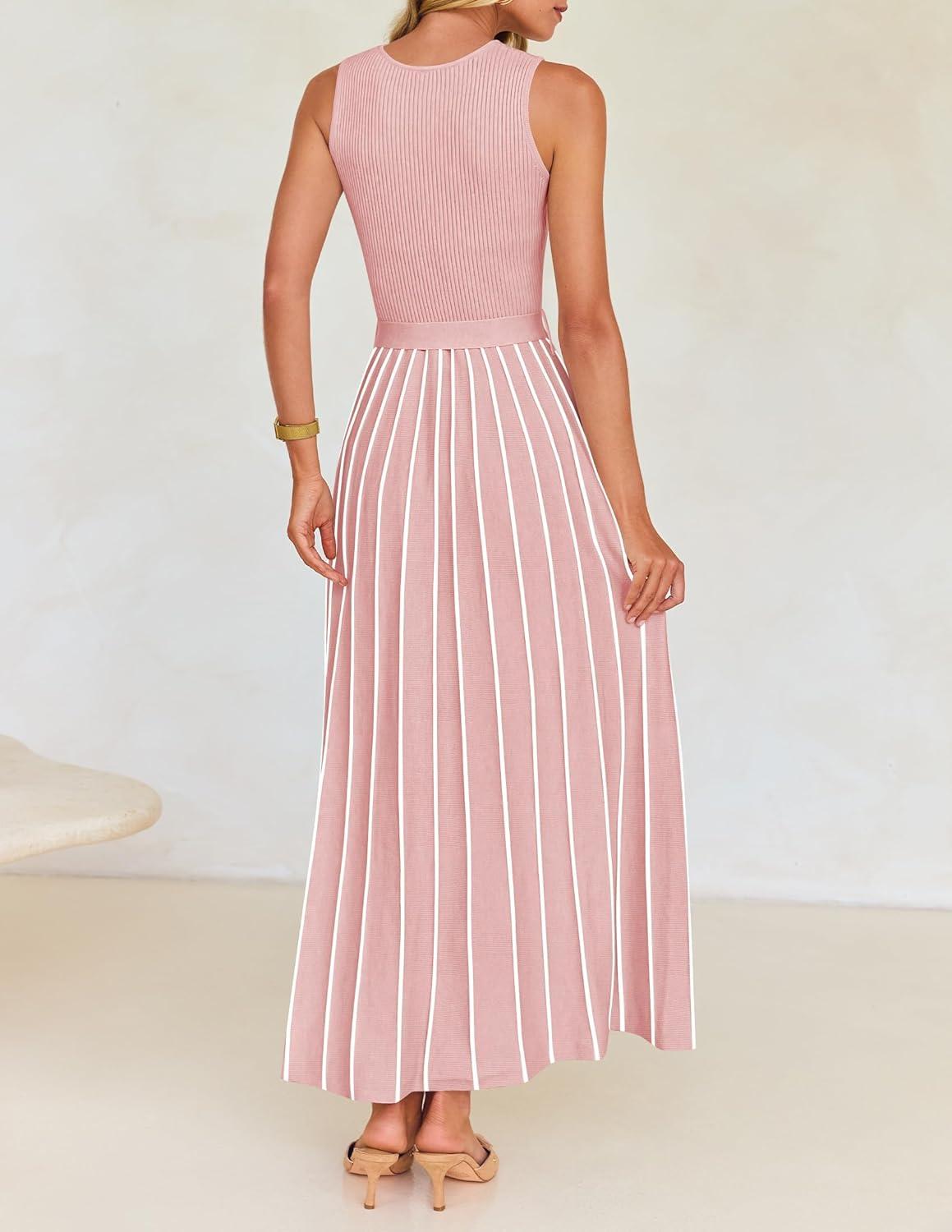 imageZESICA Womens Summer Sleeveless Maxi Dress 2026 Crewneck Ribbed Knit Tie Waist Casual A Line Sweater DressesDustypink