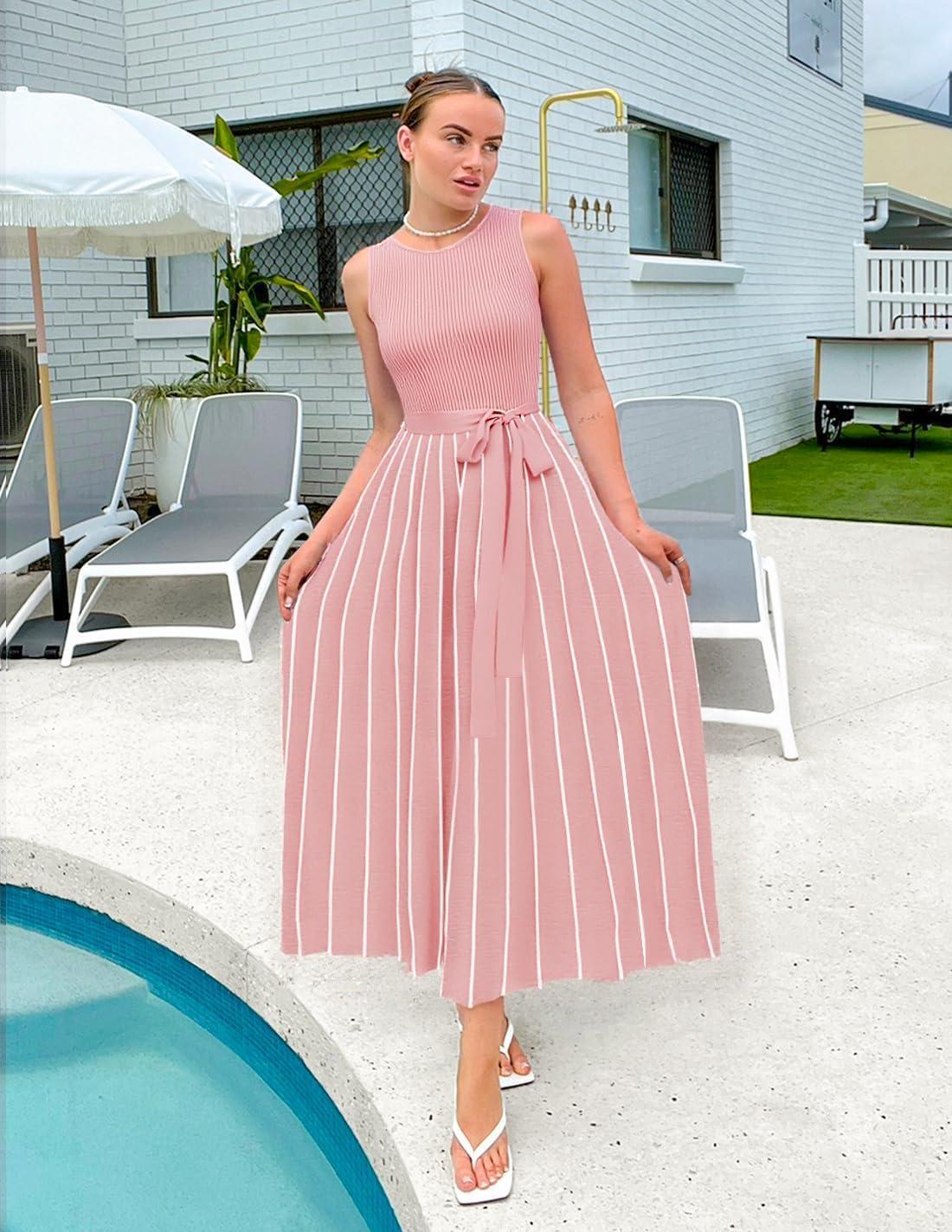 imageZESICA Womens Summer Sleeveless Maxi Dress 2026 Crewneck Ribbed Knit Tie Waist Casual A Line Sweater DressesDustypink