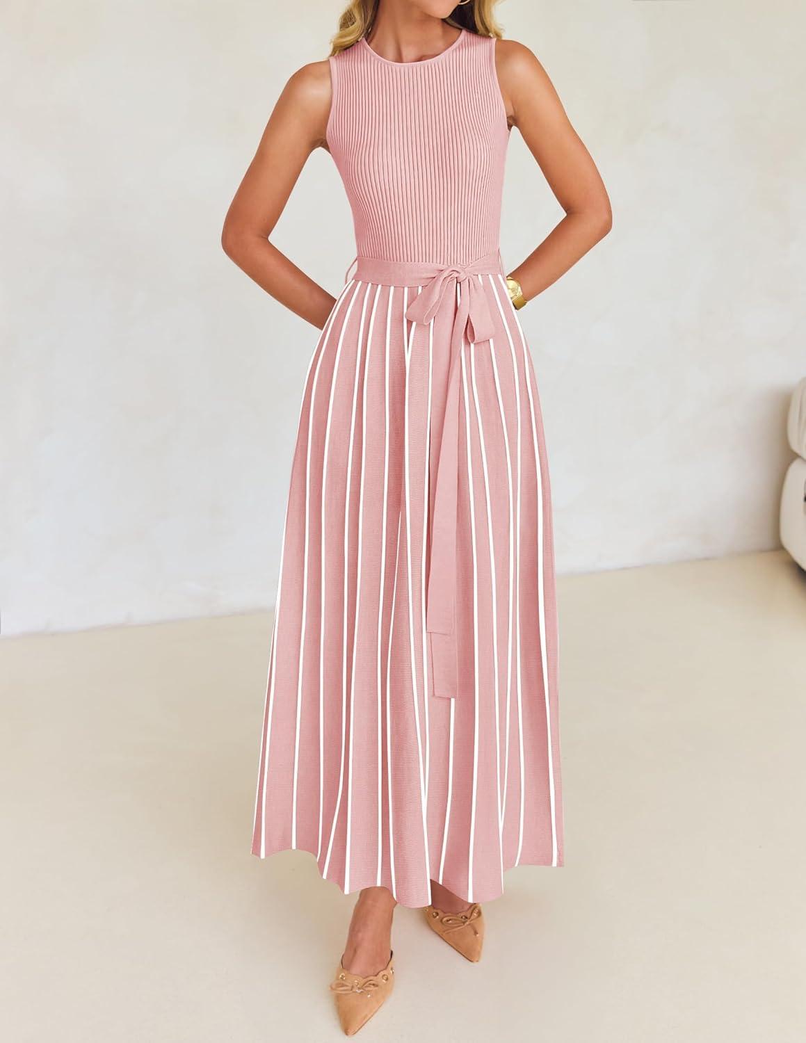 imageZESICA Womens Summer Sleeveless Maxi Dress 2026 Crewneck Ribbed Knit Tie Waist Casual A Line Sweater DressesDustypink