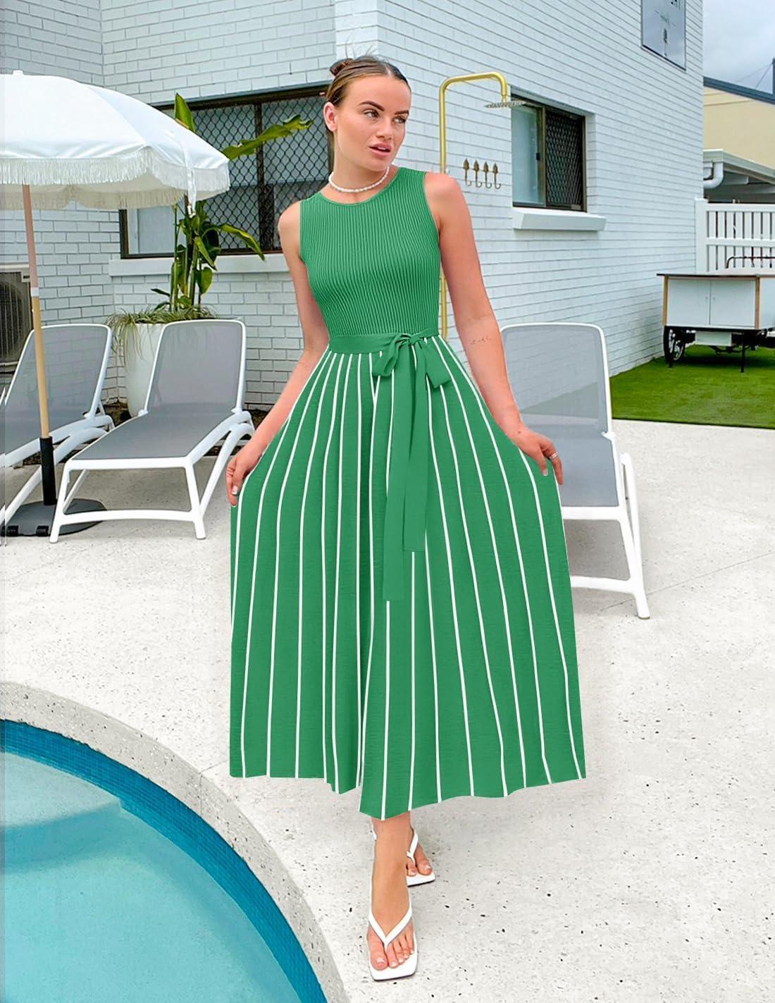 imageZESICA Womens Summer Sleeveless Maxi Dress 2026 Crewneck Ribbed Knit Tie Waist Casual A Line Sweater DressesGreen