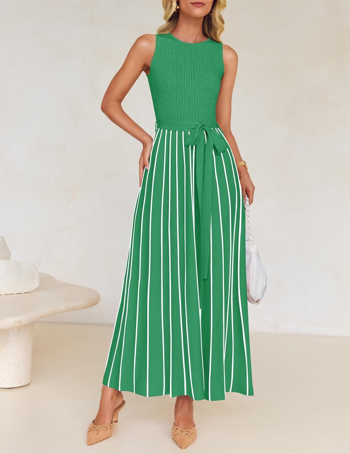 imageZESICA Womens Summer Sleeveless Maxi Dress 2026 Crewneck Ribbed Knit Tie Waist Casual A Line Sweater DressesGreen