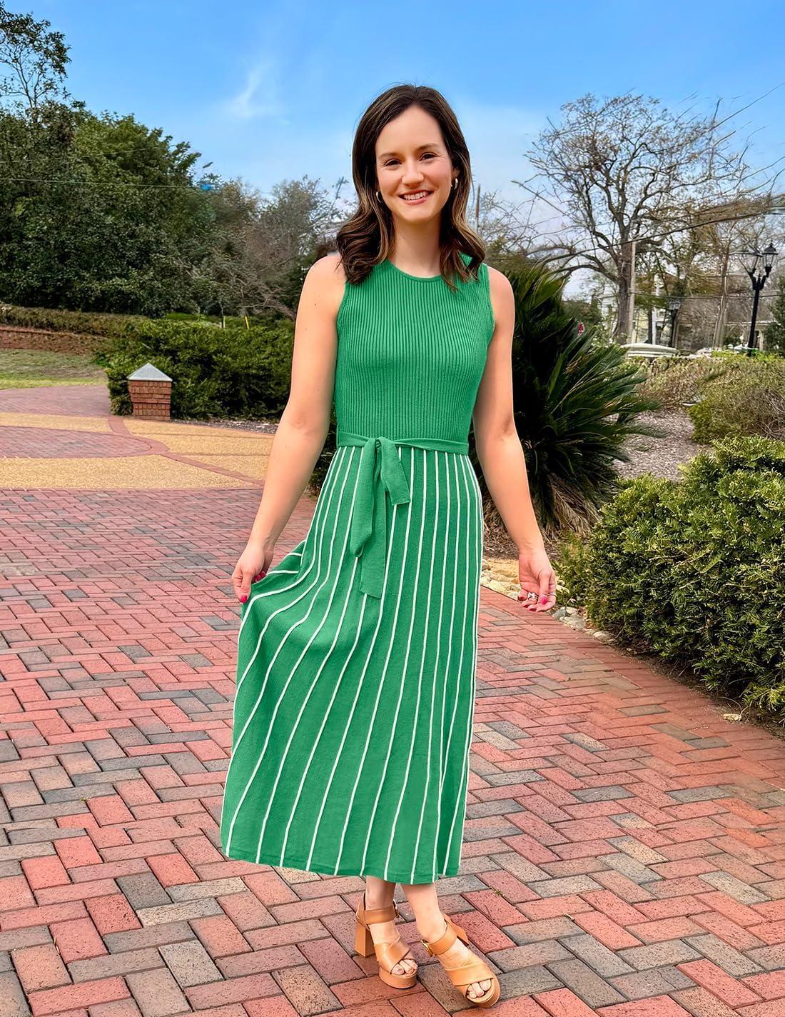 imageZESICA Womens Summer Sleeveless Maxi Dress 2026 Crewneck Ribbed Knit Tie Waist Casual A Line Sweater DressesGreen
