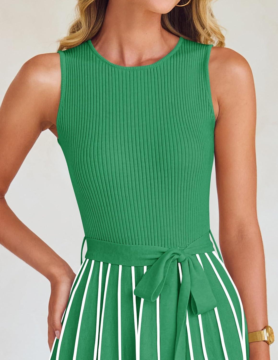 imageZESICA Womens Summer Sleeveless Maxi Dress 2026 Crewneck Ribbed Knit Tie Waist Casual A Line Sweater DressesGreen