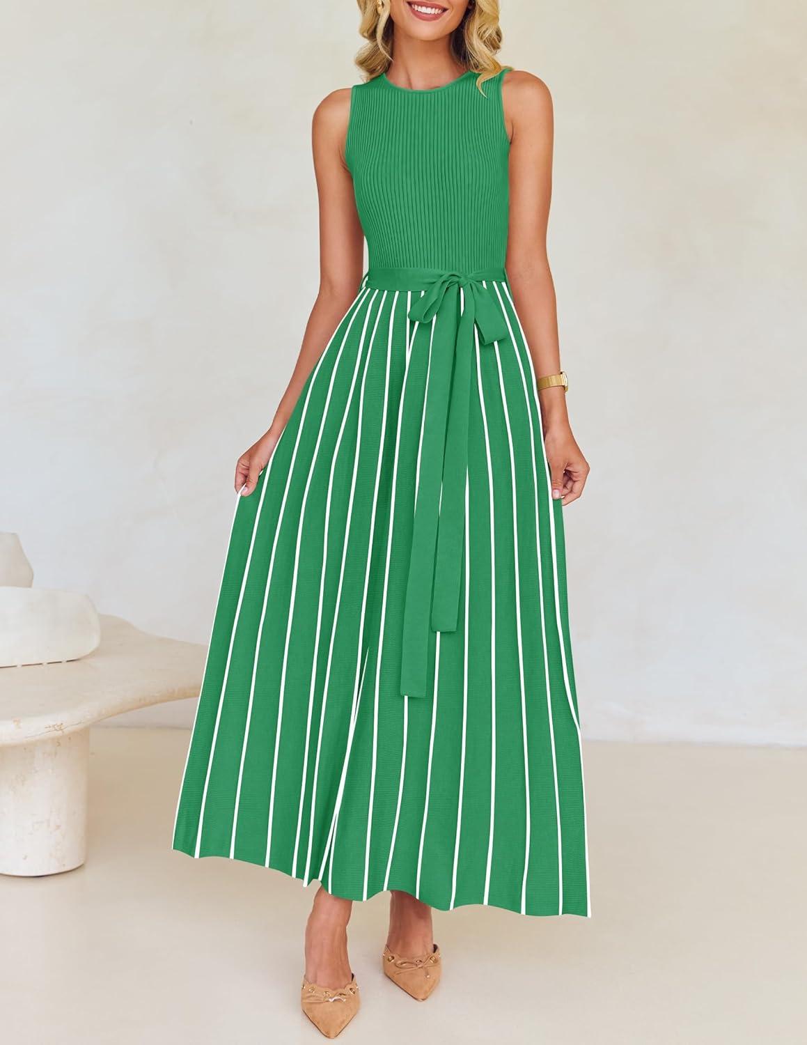 imageZESICA Womens Summer Sleeveless Maxi Dress 2026 Crewneck Ribbed Knit Tie Waist Casual A Line Sweater DressesGreen