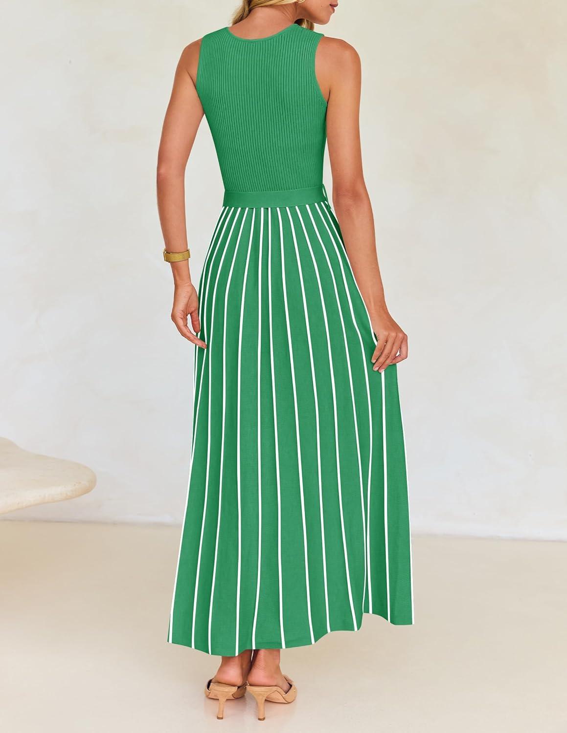 imageZESICA Womens Summer Sleeveless Maxi Dress 2026 Crewneck Ribbed Knit Tie Waist Casual A Line Sweater DressesGreen