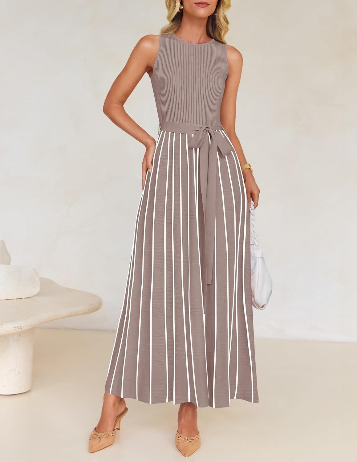 imageZESICA Womens Summer Sleeveless Maxi Dress 2026 Crewneck Ribbed Knit Tie Waist Casual A Line Sweater DressesKhaki