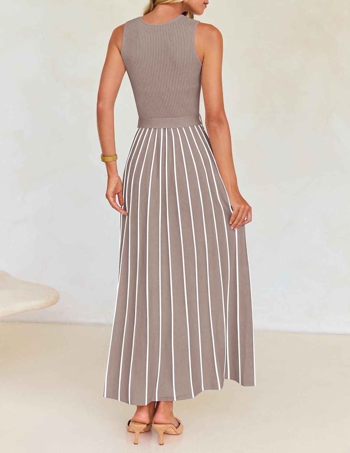 imageZESICA Womens Summer Sleeveless Maxi Dress 2026 Crewneck Ribbed Knit Tie Waist Casual A Line Sweater DressesKhaki