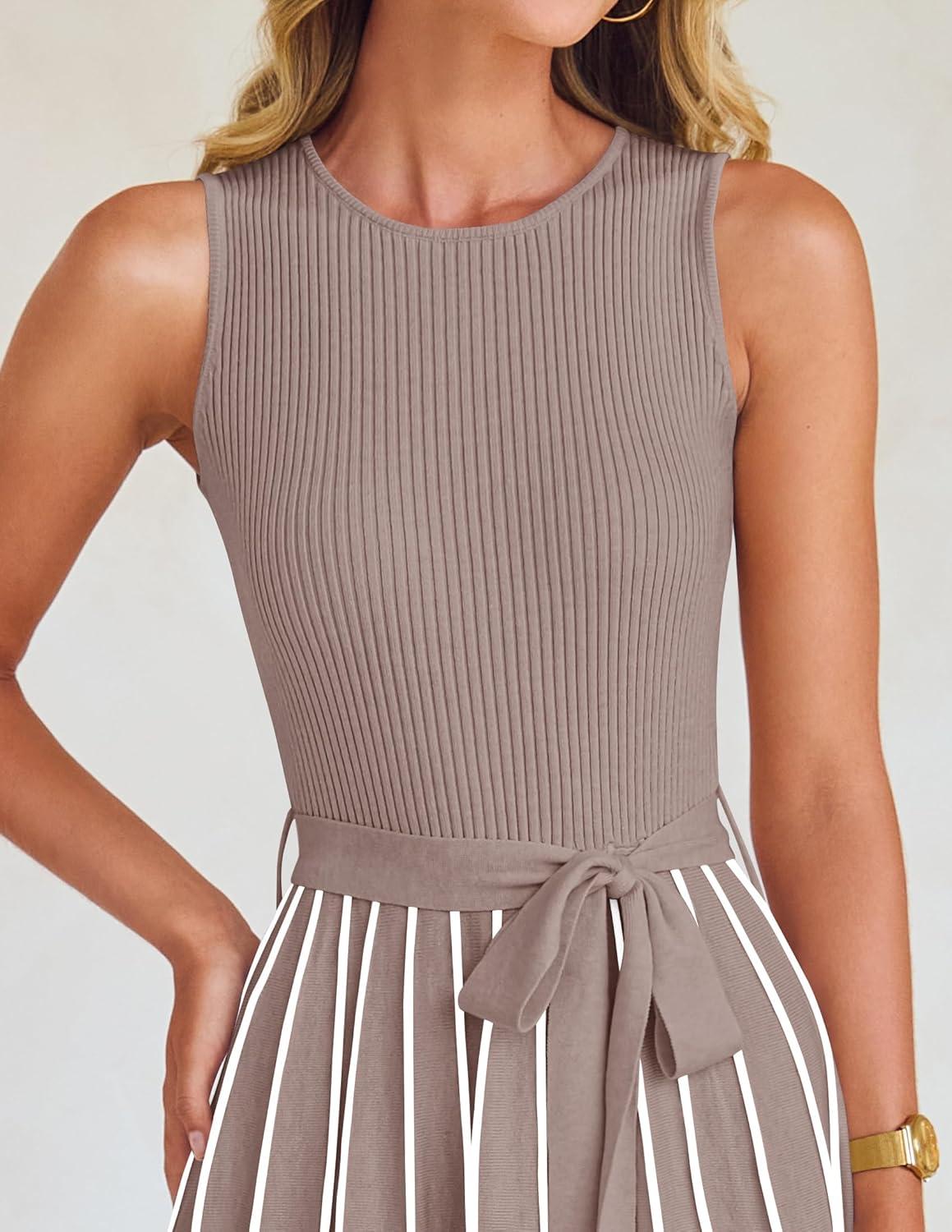 imageZESICA Womens Summer Sleeveless Maxi Dress 2026 Crewneck Ribbed Knit Tie Waist Casual A Line Sweater DressesKhaki