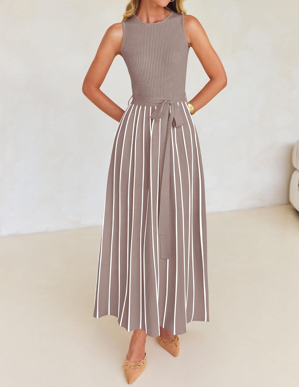 imageZESICA Womens Summer Sleeveless Maxi Dress 2026 Crewneck Ribbed Knit Tie Waist Casual A Line Sweater DressesKhaki