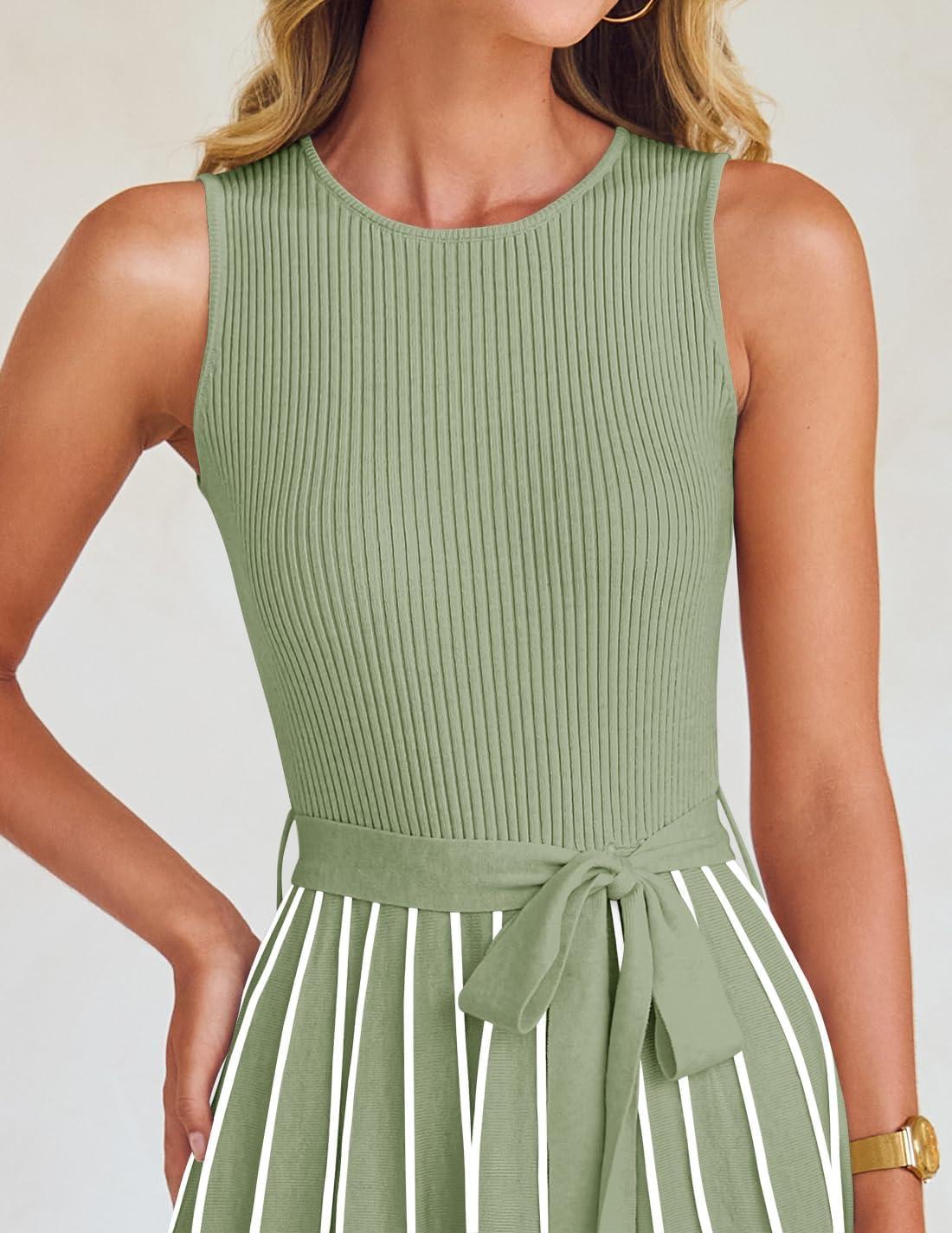 imageZESICA Womens Summer Sleeveless Maxi Dress 2026 Crewneck Ribbed Knit Tie Waist Casual A Line Sweater DressesLightgreen